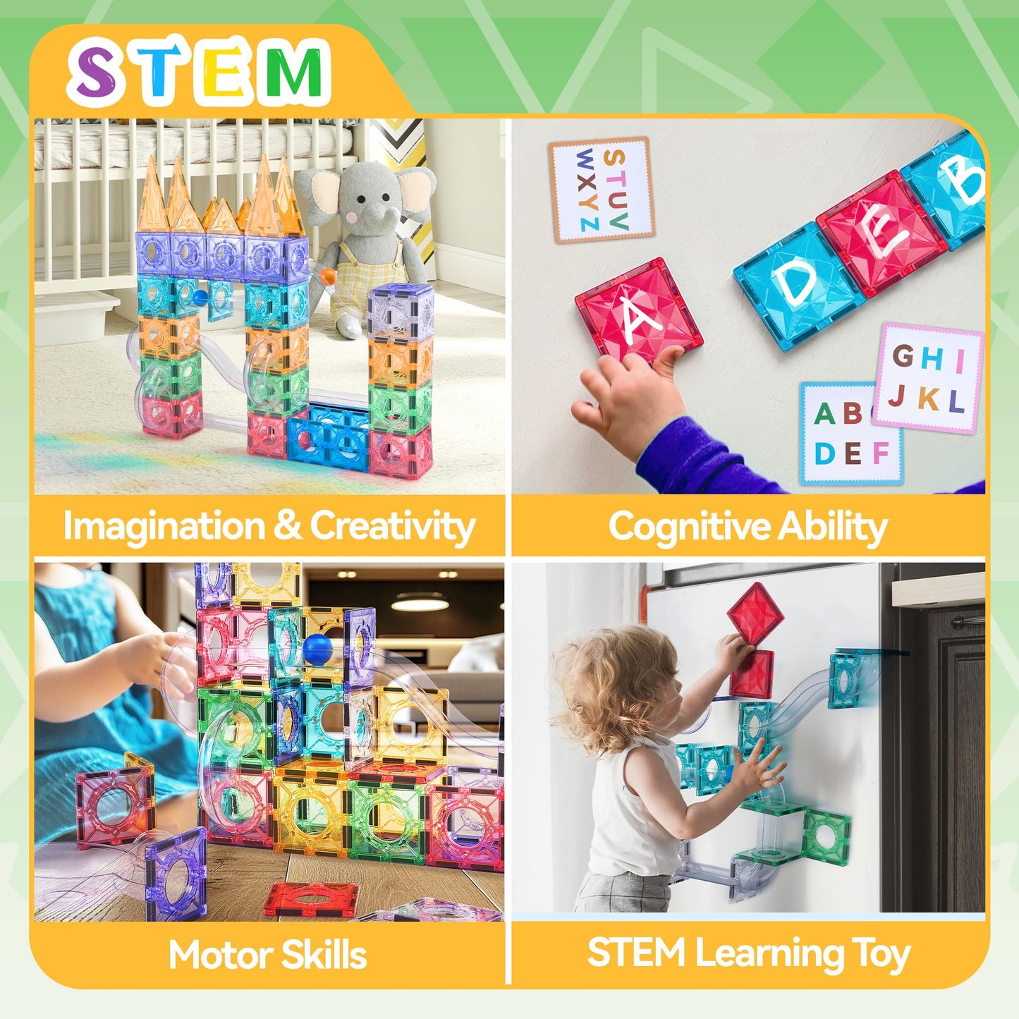 171 Pcs Magnetic Tiles And Marble Run Set, Magnet Building Race Track Toys With Learning Card And Storage Bag For Kids, Stem Edu