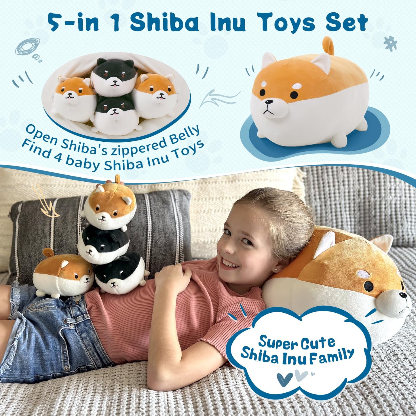 Tezituor Shiba Inu Plush Stuffed Animal, 18'' Stuffed Shiba Inu Mommy Shiba Inu With 4 Baby Shiba Inu, Stuffed Cotton Plush Animal Toy Gift For Kids