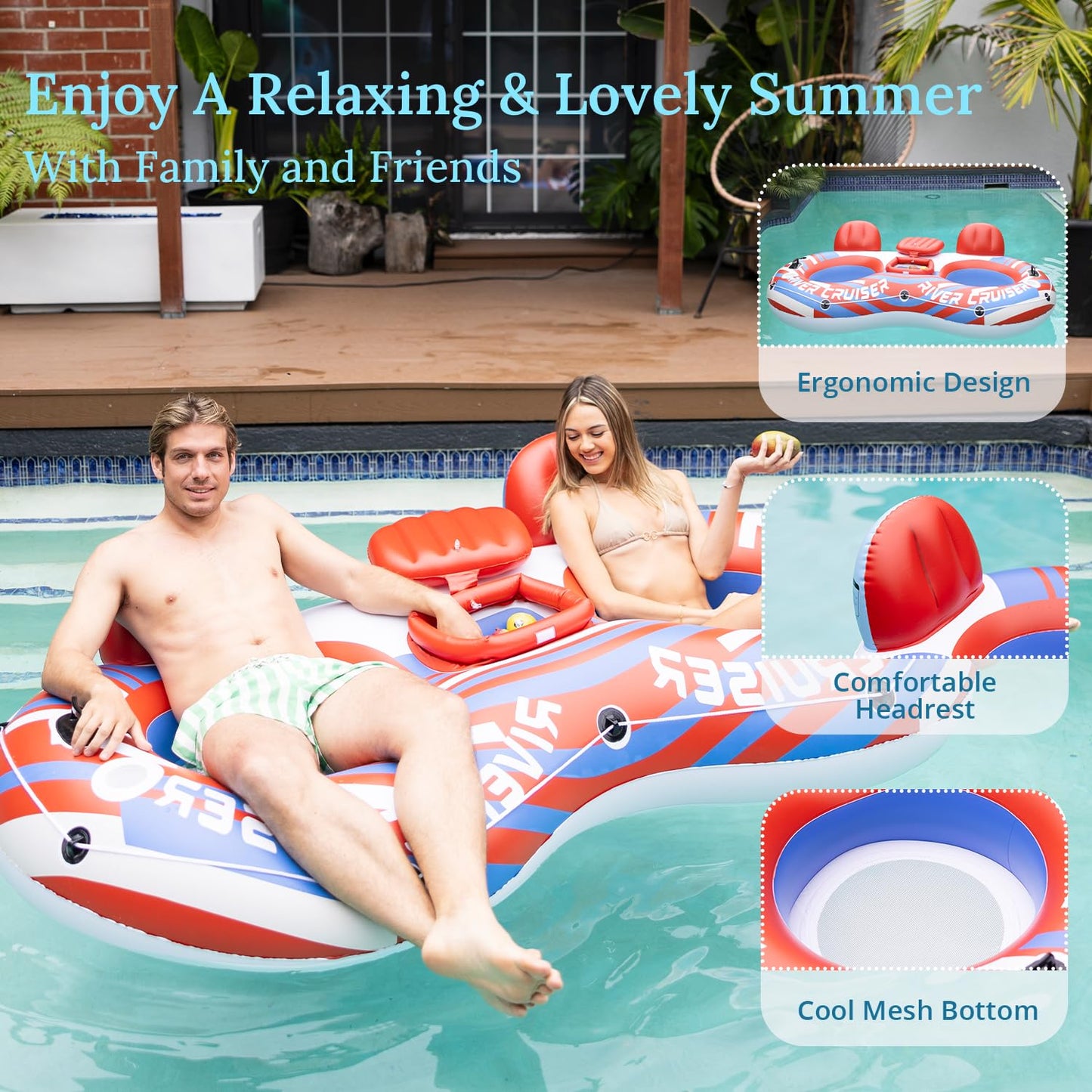 Sunrio 2025 New & Upgrade 2 Person Double River Tubes For Floating Heavy Duty Inflatable Floating Lounger Premium Water Rafts Pool Float Above Lake And River For Adults(Red)