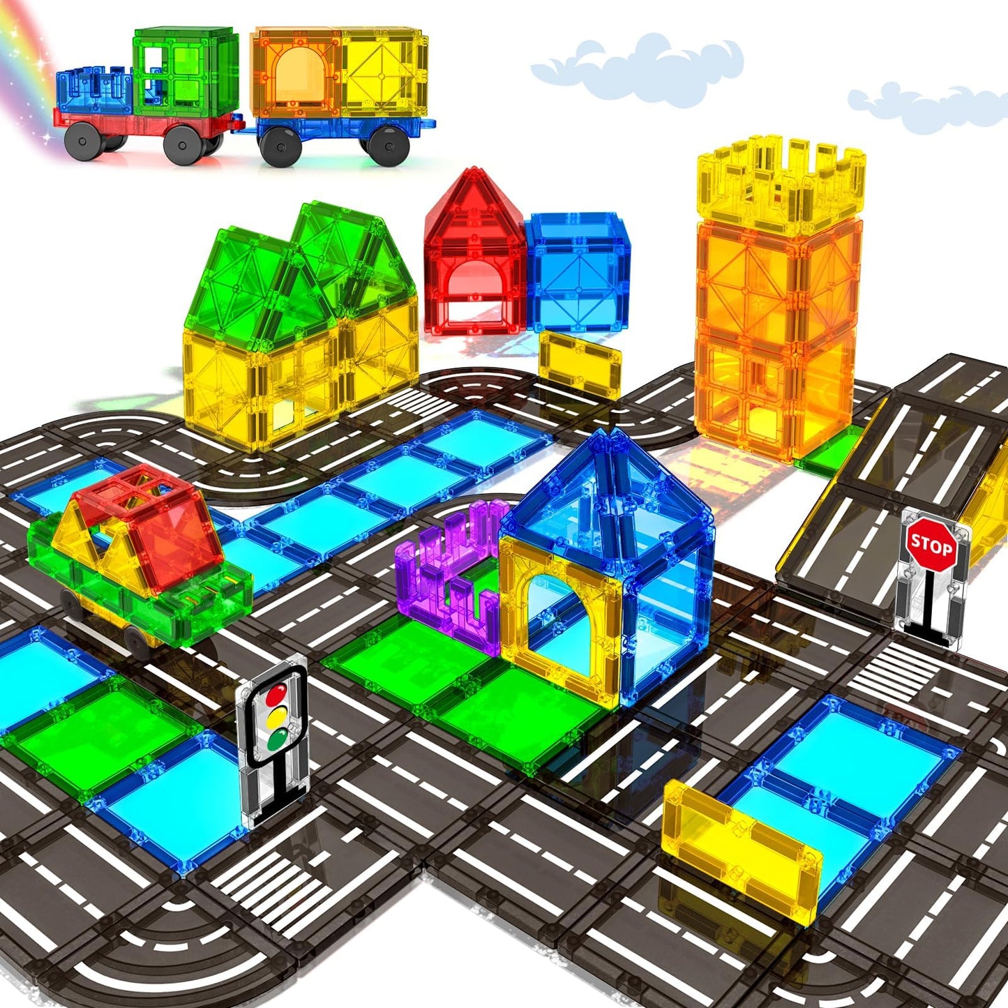 Magnetic Tiles Road Sets With Car, Magnetic Building Blocks Toys For 3+ Year Old Boys Girls, Montessori Magnet Kids Toys, Construction Toys For Ages 3 4 5 6 7 8 Christmas Birthday Gifts For Toddlers