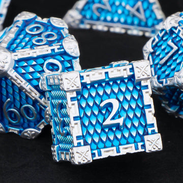 KERWELLSI Metal DND Dice Set with Box, 7 Pcs Blue Green Dungeons and Dragons Dice, Dragon Scale Polyhedral D&D Dice Set, D and D