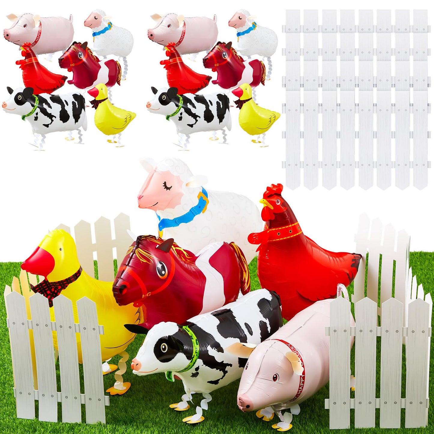 Soulchen 16 Pcs Adopt a Farm Animal Party Favor Include 12 Walking Animals Balloons and 4 Picket Fence Cutouts for Farm Theme Bi