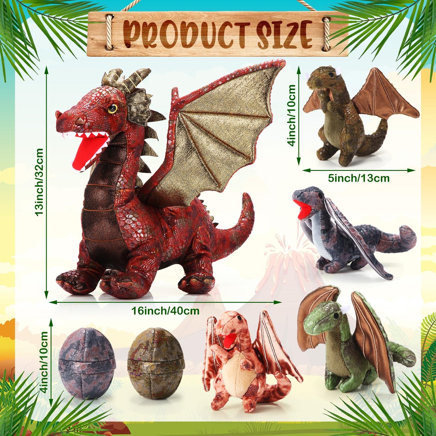 Deekin 7 Pcs Dragon Toy Set - 16 Large Stuffed Animal with 4 Baby Plush & 2 Eggs - Retro Dinosaur Gifts for Boys & Girls