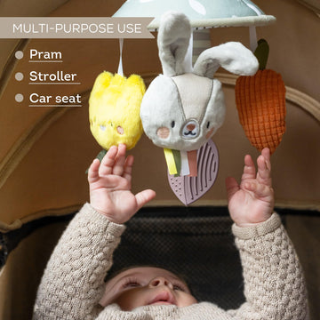 Taf Toys Pram Mobile - Colorful And Interactive Baby Stroller Mobile With Chime Bells, Teether And Hanging Dolls - Lightweight, Easy Attach, Developmental Toy For Baby'S Senses And Motor Skills