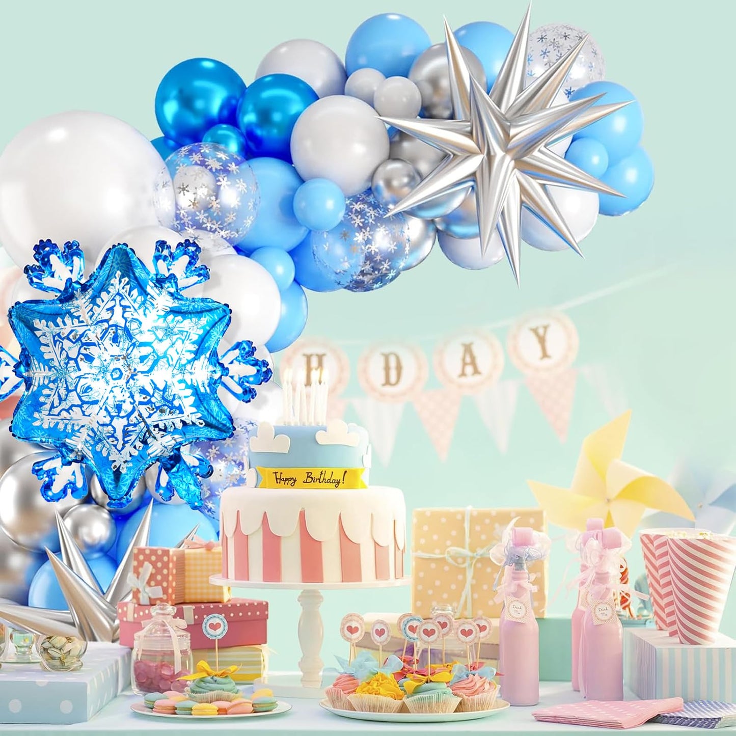 Snowflake Balloon Garland Arch Kit, Silver Blue White Balloon Arch With Snowflake Foil Balloons For Winter Wonderland Holiday Christmas Baby Shower Snow Princess Birthday Party Decorations