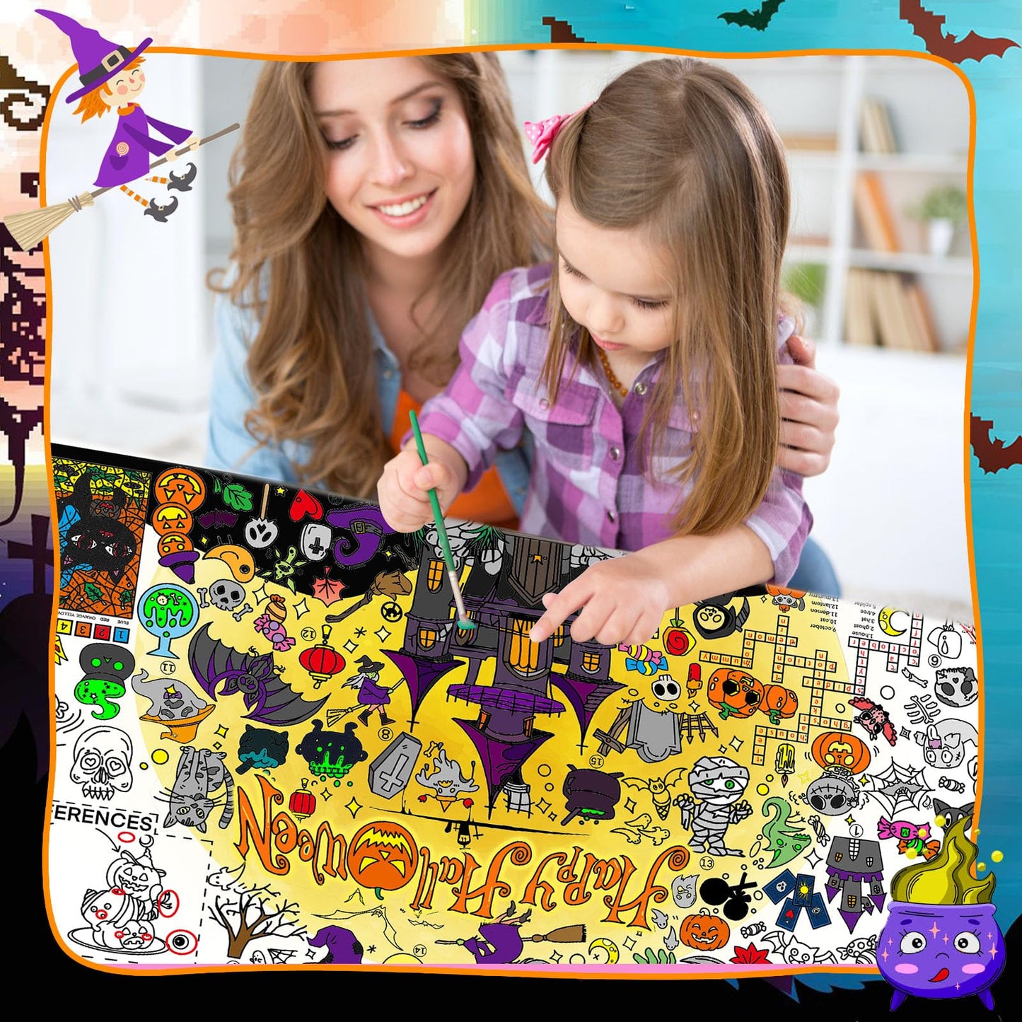 Padtic Halloween Giant Coloring Poster,35X72 Inches Large Drawing Paper Coloring Tablecloth,Diy Halloween Art Crafts Coloring Ta