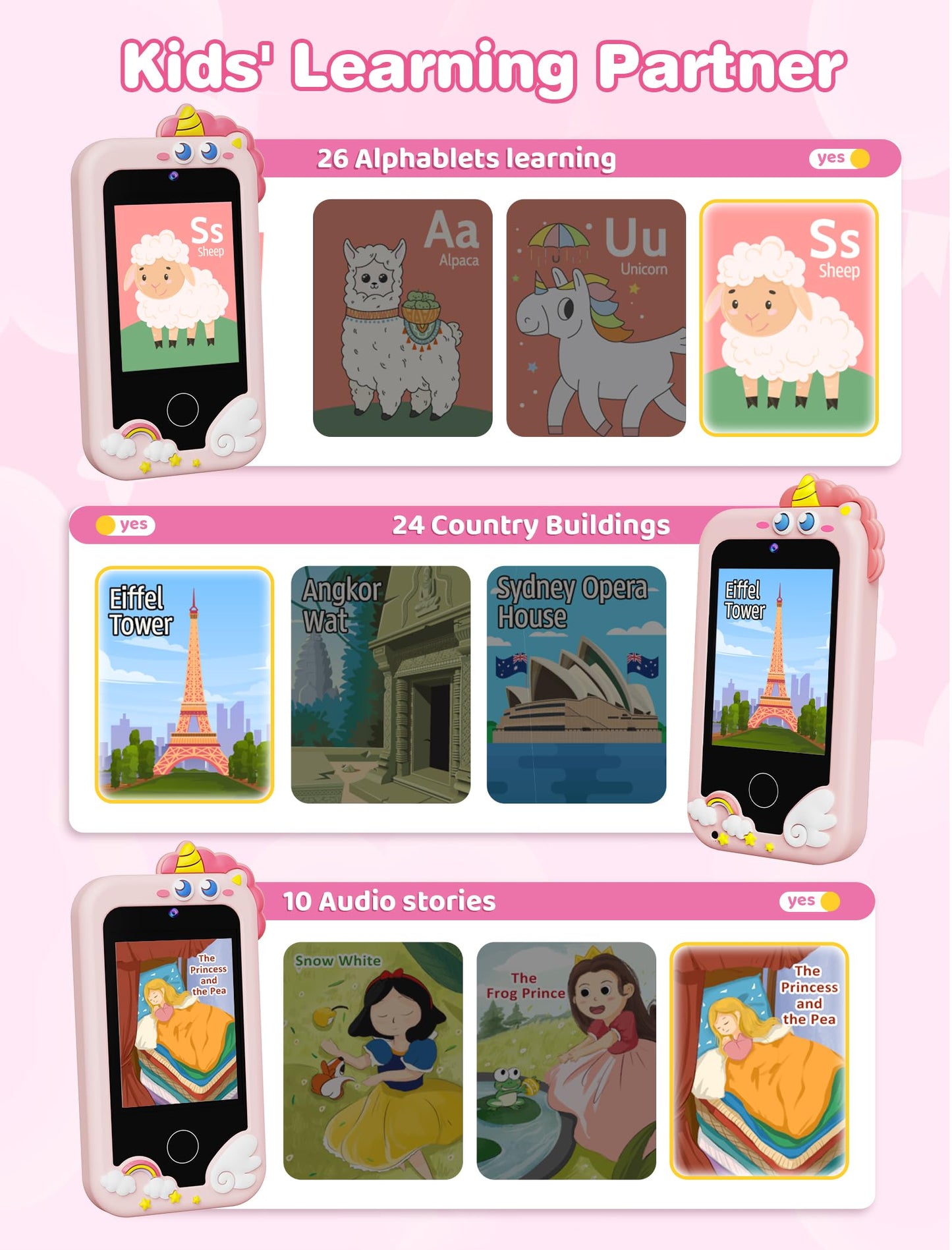 Kikidex Kids Smart Phone for Girls, Perfect Christmas Birthday Gifts for 3-10 Year Old Kids, Touchscreen Learning Play Toy Smart