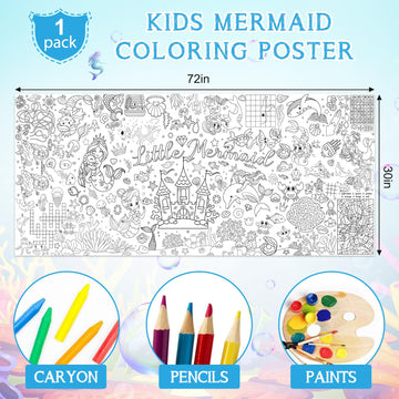 Mermaid Giant Coloring Poster For Kids 30 X 72 Inch, Mermaid Large Coloring Poster Sheets Tablecloth, Mermaid Themed Color-In Ac
