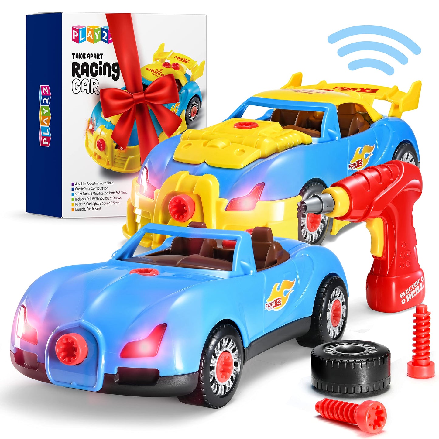 Take Apart Racing Car Toys - Build Your Own Car with 30 Piece Constructions Set - Comes with Engine Sounds & Lights & Drill with