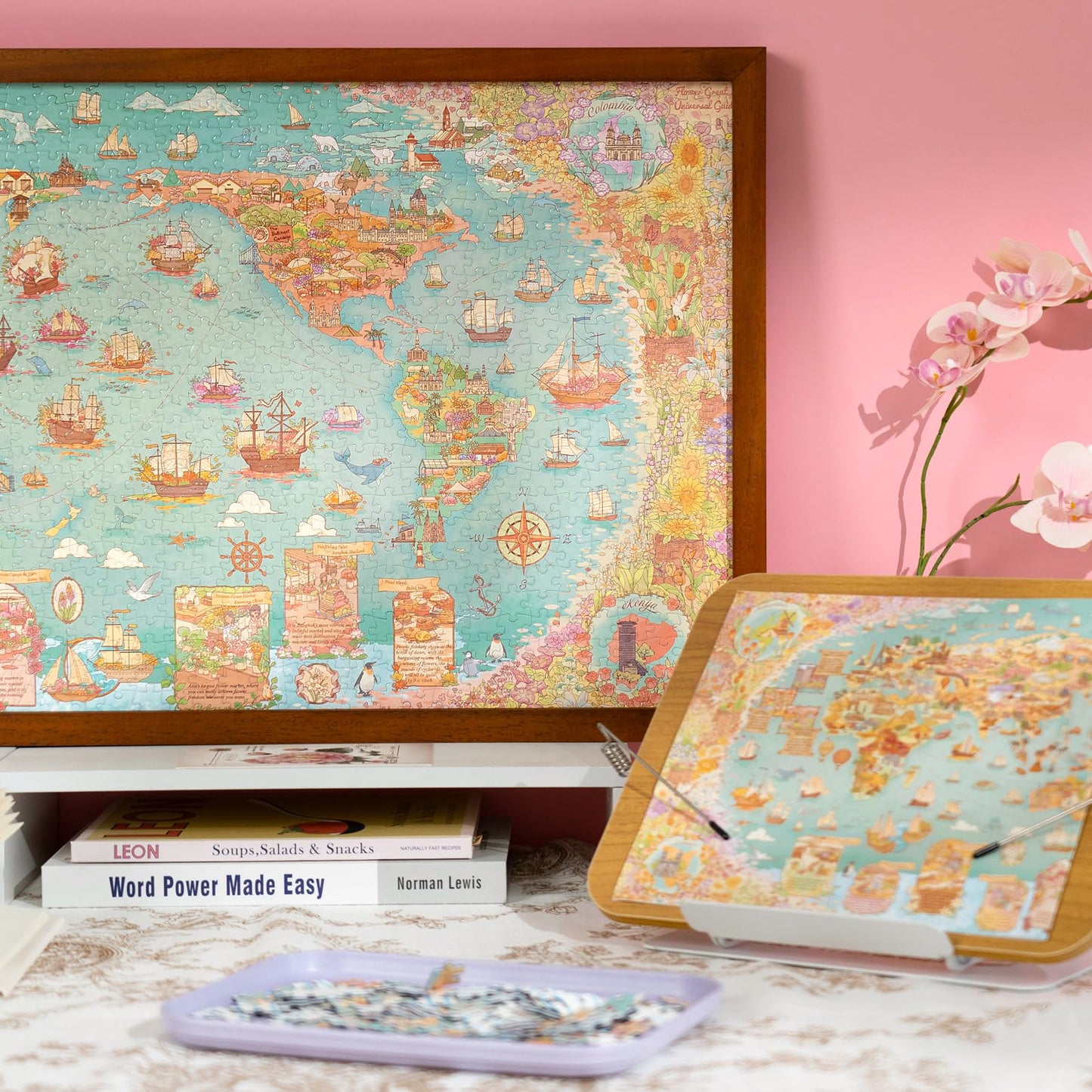 Momibook Puzzles For Adults 1300 Piece Jigsaw Puzzles Of Flower Great Universal Guide, Painting Image World Map Challenging Hard