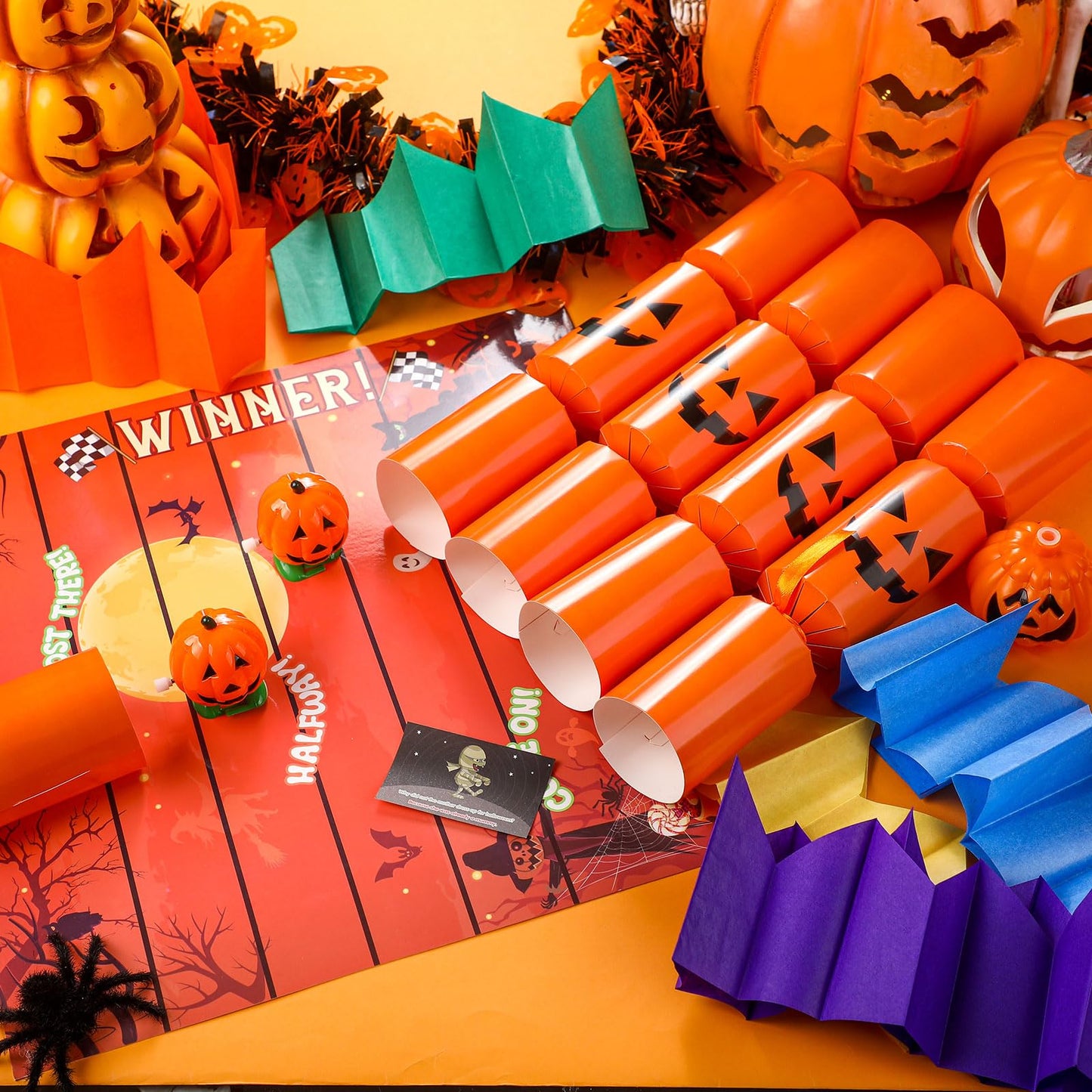 JellyArch 6 Packs Halloween Crackers Thanksgiving Crackers No Snap Party Favors with Wind up Pumpkin Paper Hat Holiday Table Fav