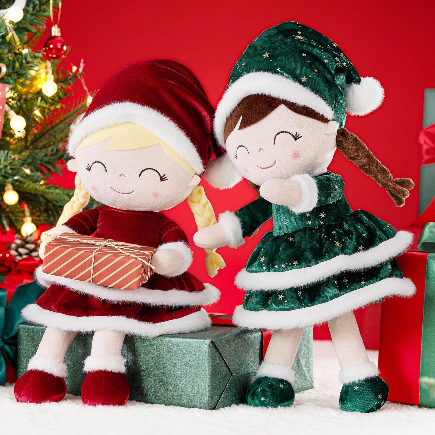 Gloveleya Soft Plush Doll Christmas Girl Dolls With Green Dress, Gift Box & Free Card - Perfect Holiday Or Birthday Gift For Toddlers 2-8 Ages, 16'