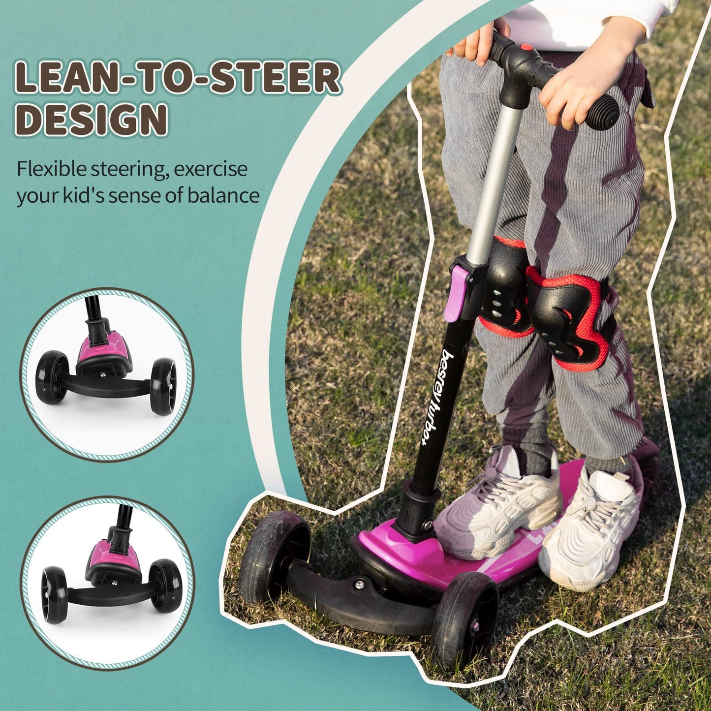 Besrey Kick Scooter For Kids Ages 3-8, 3 Wheel Scooter For Kids With Adjustable Height, Folding Kids Scooter With Led Light Whee