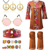 Kathfly 18 Pcs Hippie Costume For Girls Kids 70S 60S Outfits Set Hippie Dress Fringe Vest Party Accessories For Carnival Halloween(L)
