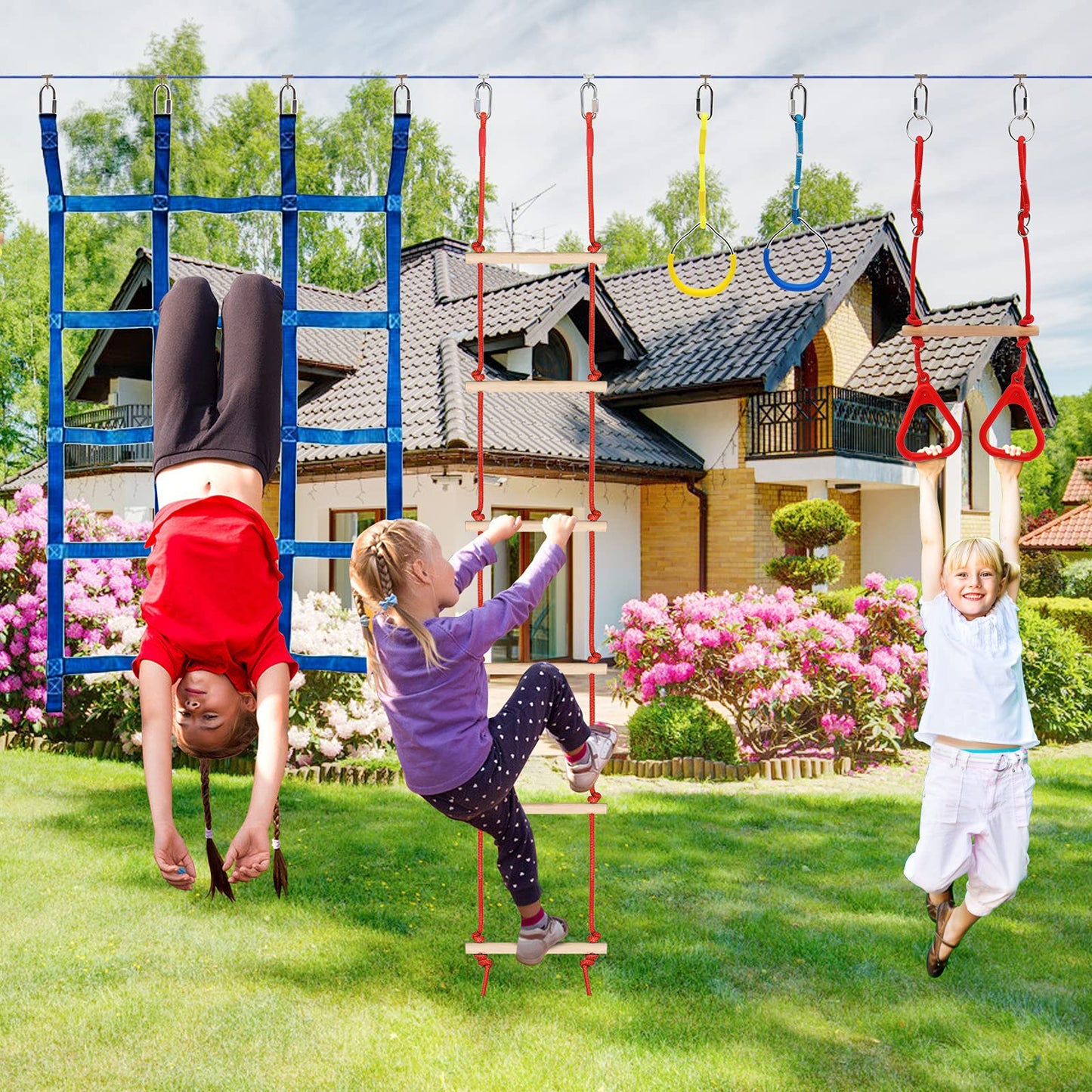 65Ft Ninja Warrior Obstacle Course For Kids With 12 Obstacle Course Accessories-Swings, Monkey Bars, Arm Trainers And More, Suit