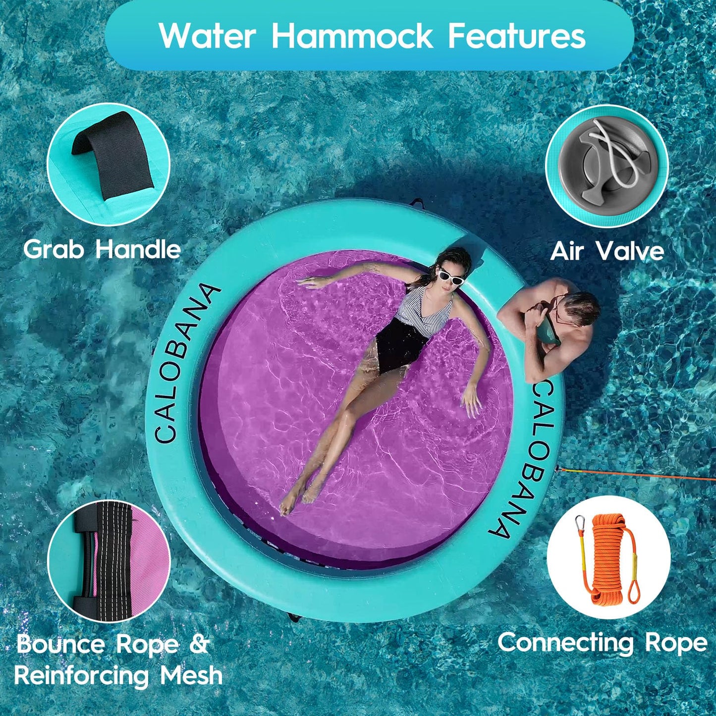 Calobana 8' X 8' Inflatable Water Hammock For Adults Float Ring Pad With Line Floating Circle Mat With Mesh Air Floating Island