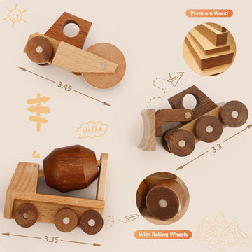 MONT PLEASANT Wooden Construction Vehicle Toy Set of 3 Toddler Montessori Toys Cement Truck Bulldozer Steam Roller Toy Car with Rolling Wheels Kid Construction Toys Educational Gift for Boys & Girls
