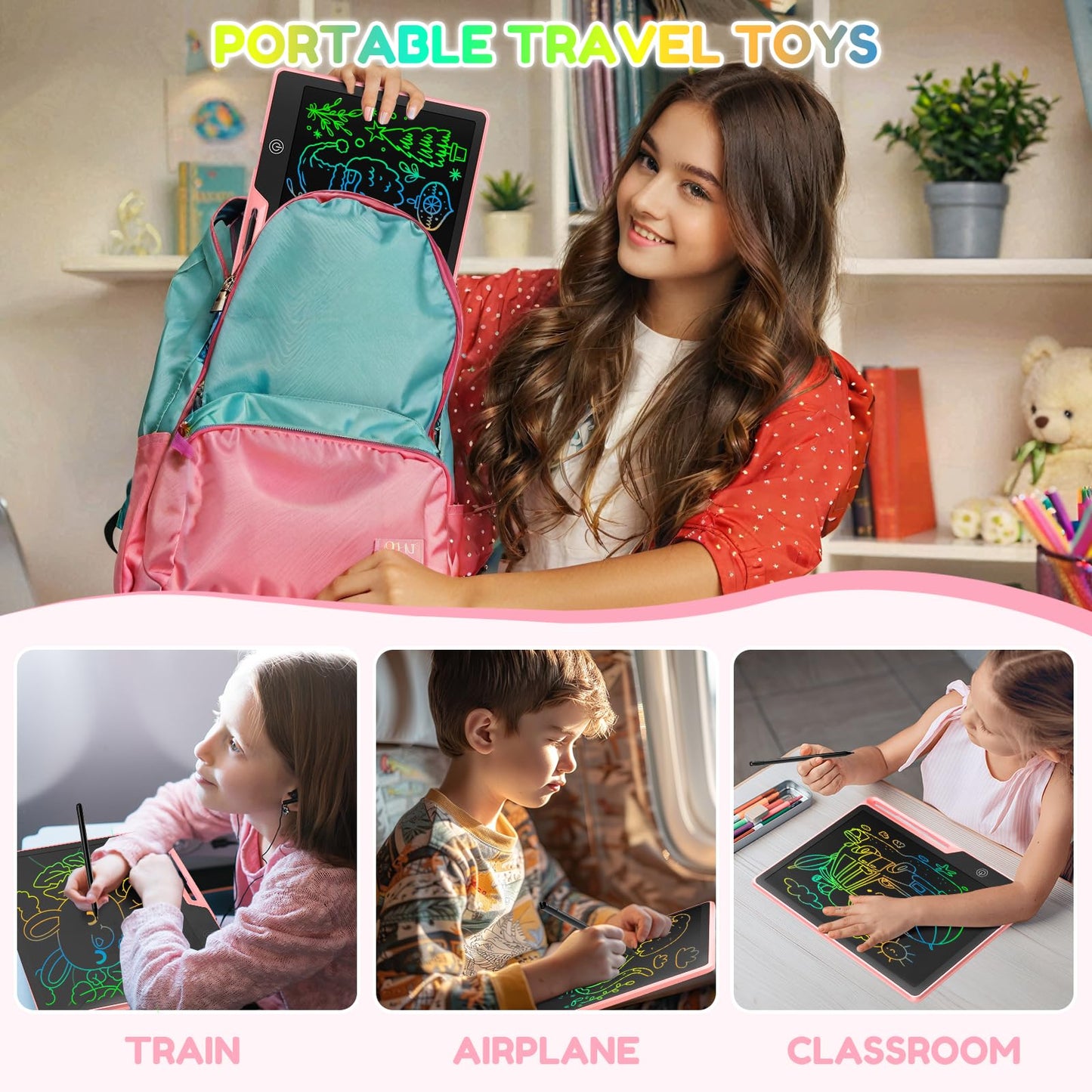 Poperpun 13 Inch Lcd Writing Tablet For Kids, Rechargeable Doodle Board, Erasable Kids Drawing Pad, Learning Toys For Ages3 4 5