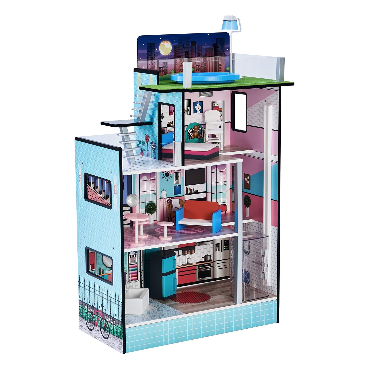 Olivia'S Little World Dreamland Barcelona 3-Story Wooden Dollhouse With Working Elevator, Rooftop Pool, And 10-Pc Furniture Accessory Set For 3.5' Dolls, Turquoise/Black