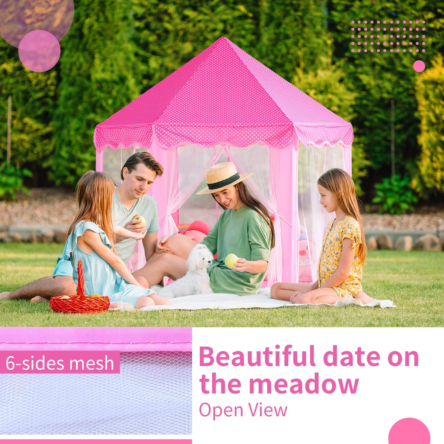 Sumbababy Princess Castle Tent for Girls - Hexagon Playhouse, Pink, with Fairy Star Lights, Indoor/Outdoor Games
