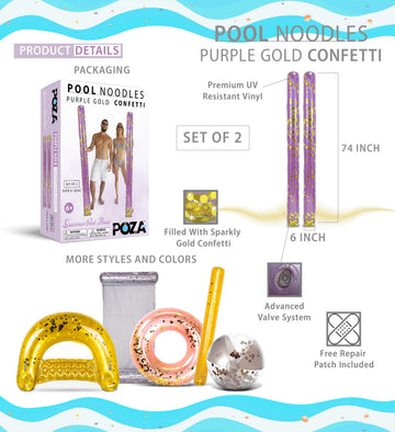 POZA 2 Pack Jumbo Inflatable Pool Noodle Floats - 74-inch enhanced elegant Giant Pool Noodle Inflatable Floats Sparkle Gold Glitter Confetti Pool Float Inflatable Noodles for Ocean Lake or Beach