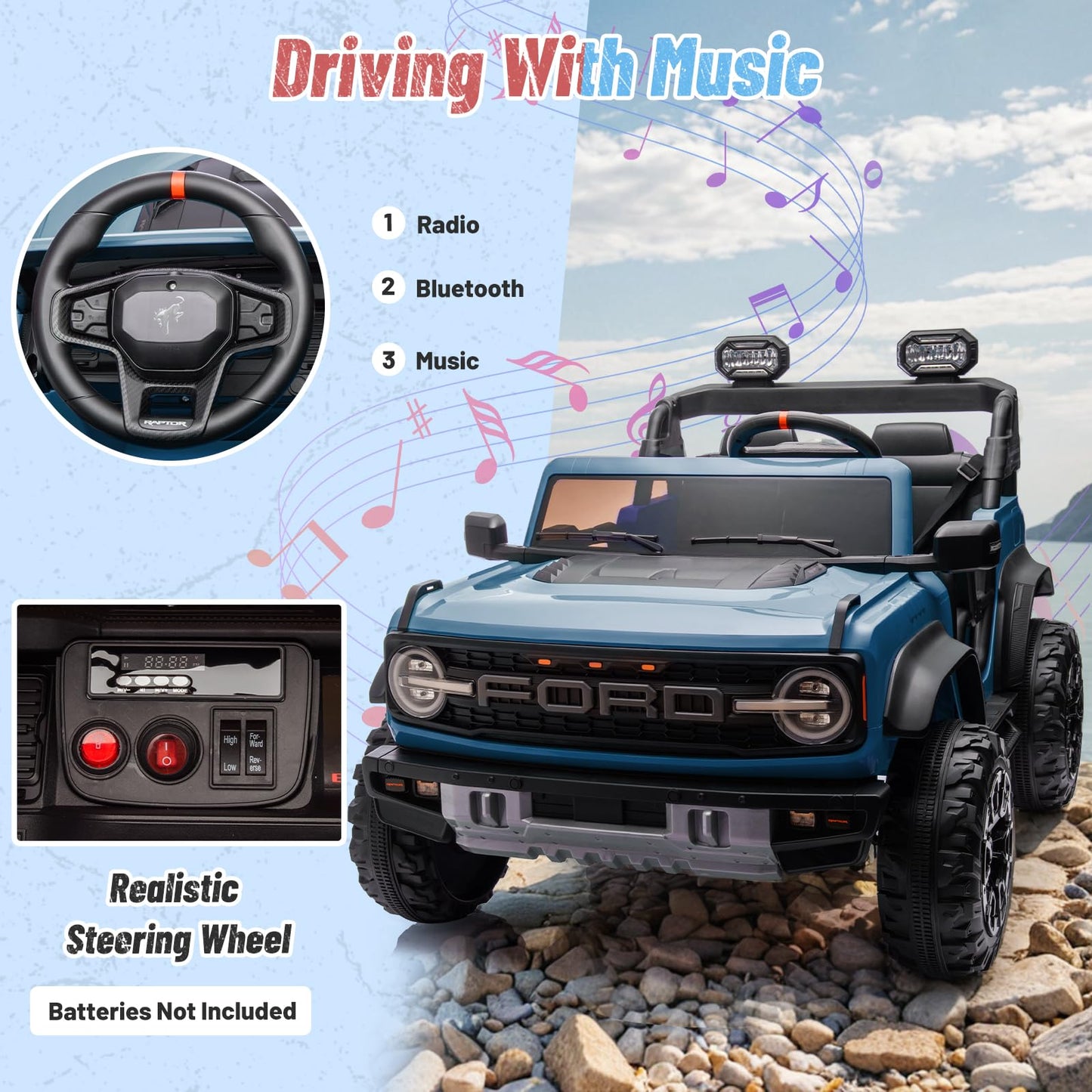 Segmart 2 Seater 24V Ride On Toys For Big Kids, Licensed Ford Bronco Raptor, Powerful Wheel With Remote Control, Headlight/Music