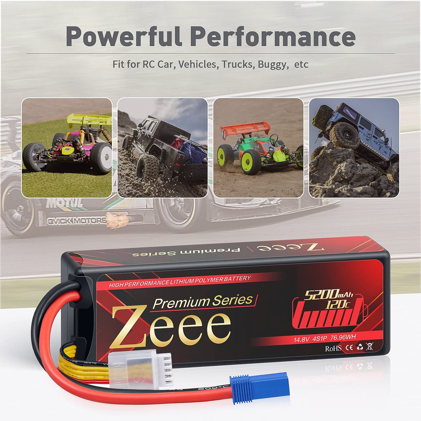 Zeee Premium Series 4S Lipo Battery 5200mAh LCG Hard Case Batttery Height 37mm 14.8V 120C with EC5 Connector for RC Car Truck Ta