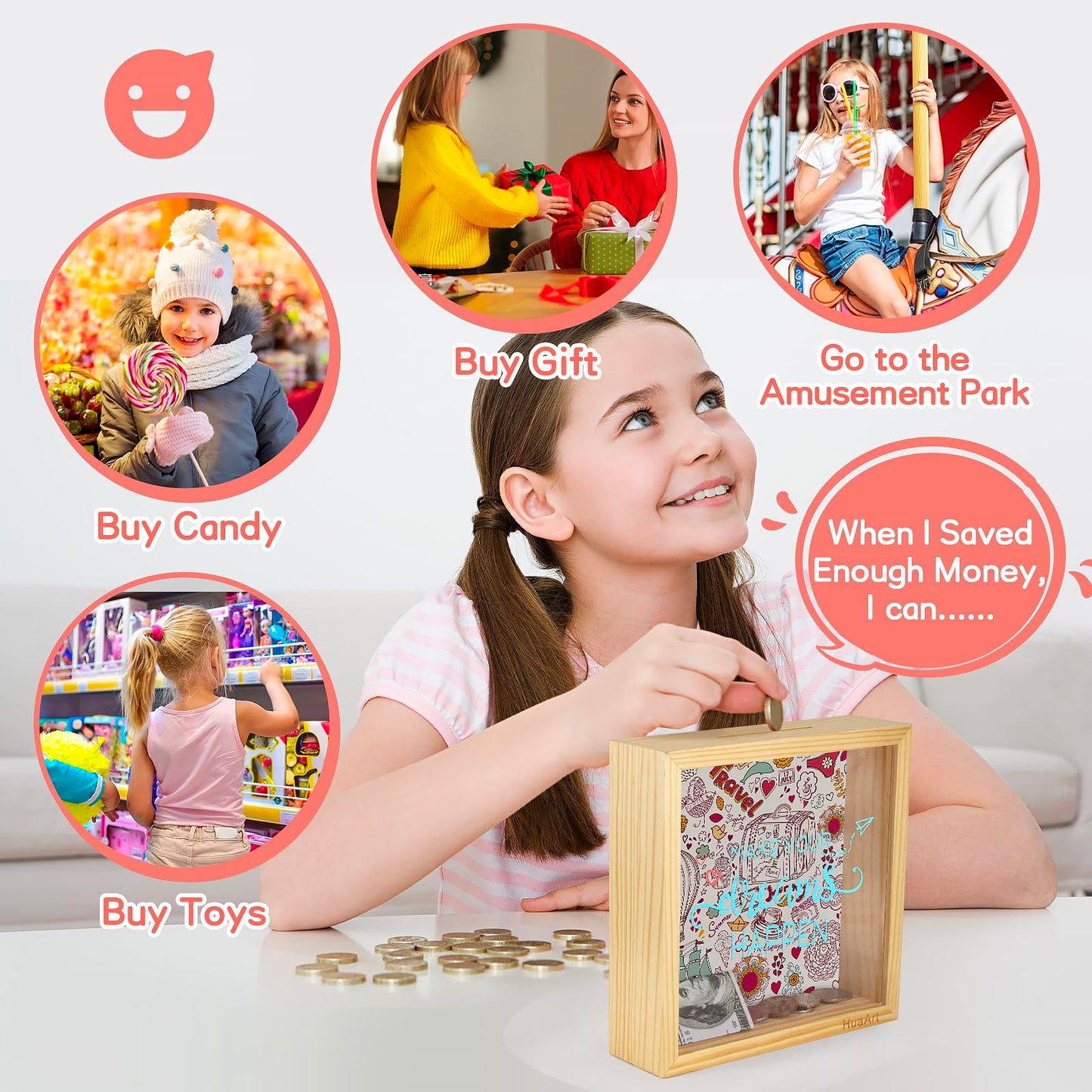 Piggy Banks For Adults,Bigger Wooden Safe Money Savings Bank Box For Kids, Coin Bank Money Bank,Natural Wood Money Box, Printed On The Plexiglass Front-Make Your Dreams Happen, Sized (8X8X2.4 Inch)