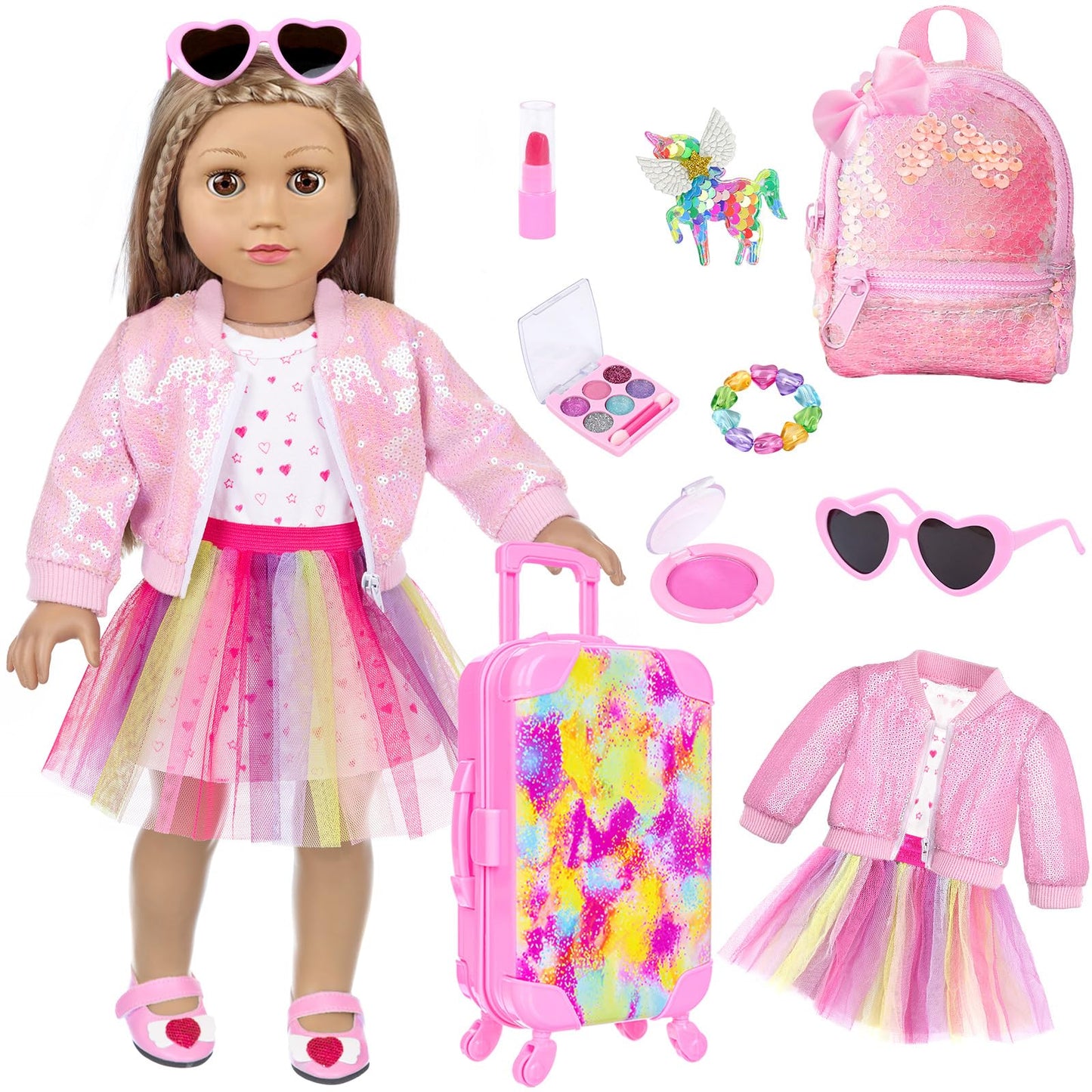 Bddoll American 18 Inch Doll Clothes And Accessories With Travel Suitcase And Makeup Fit 18 Inch Doll Includes Suitcase, Backpack, Sunglasses Lipstick, Eyeshadow Palette, Bracelet, Hair, Blusher