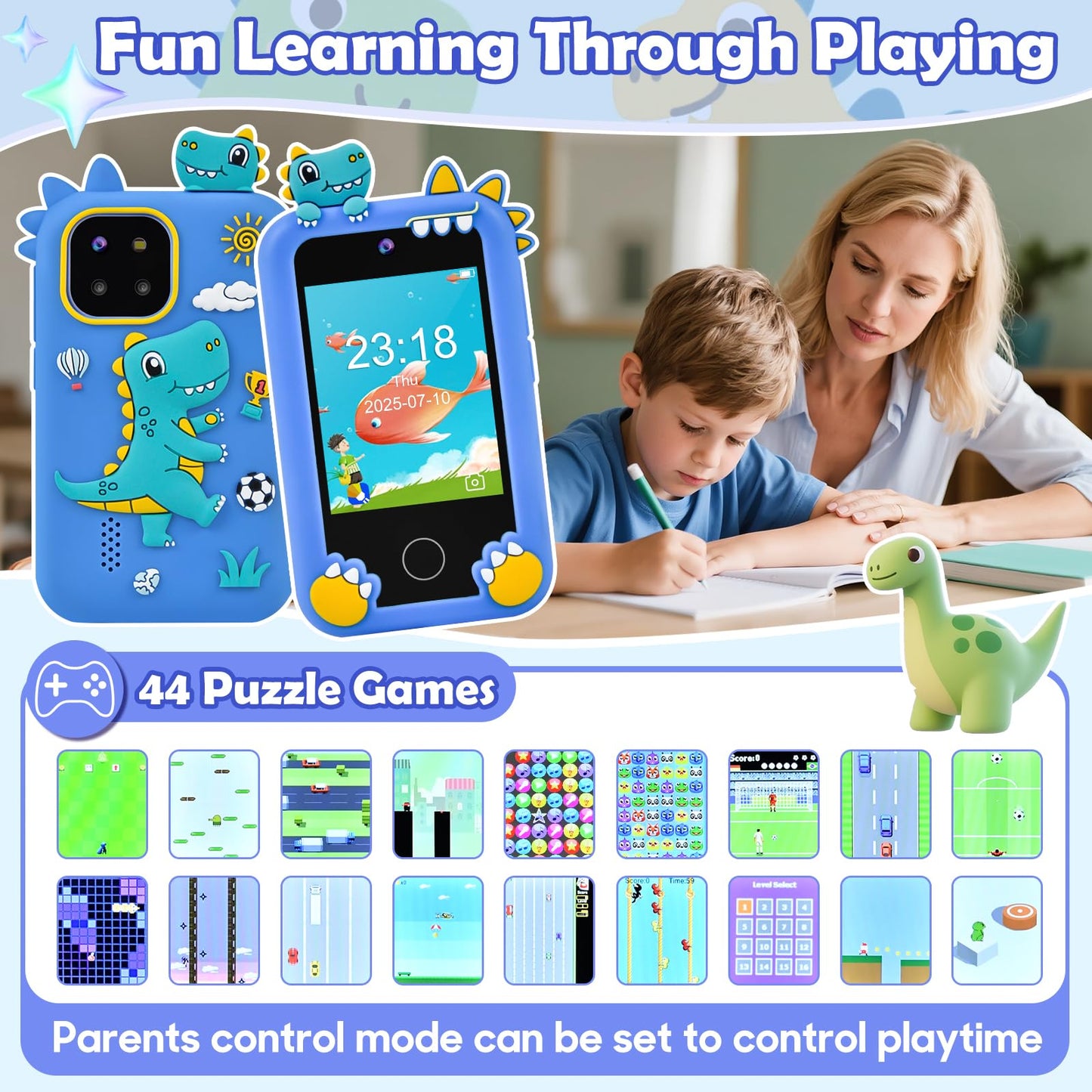 Jusvenmt Kids Dinosaur Toy Phone, Touchscreen, Dual Camera, 44 Games, 32GB Card, Child-Size, Blue, Model S3