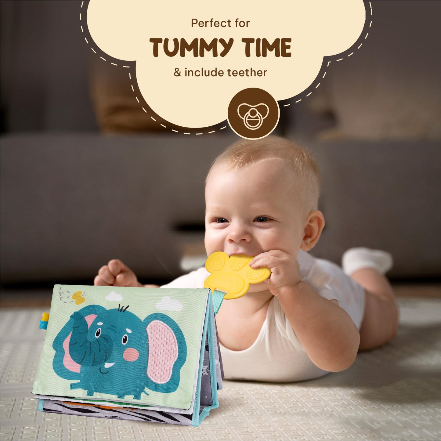 Tinitigies Tummy Time Mirror For Babies - High Contrast Book With Large Stimulating Baby Safe Mirror & Silicone Teether & Crinkl