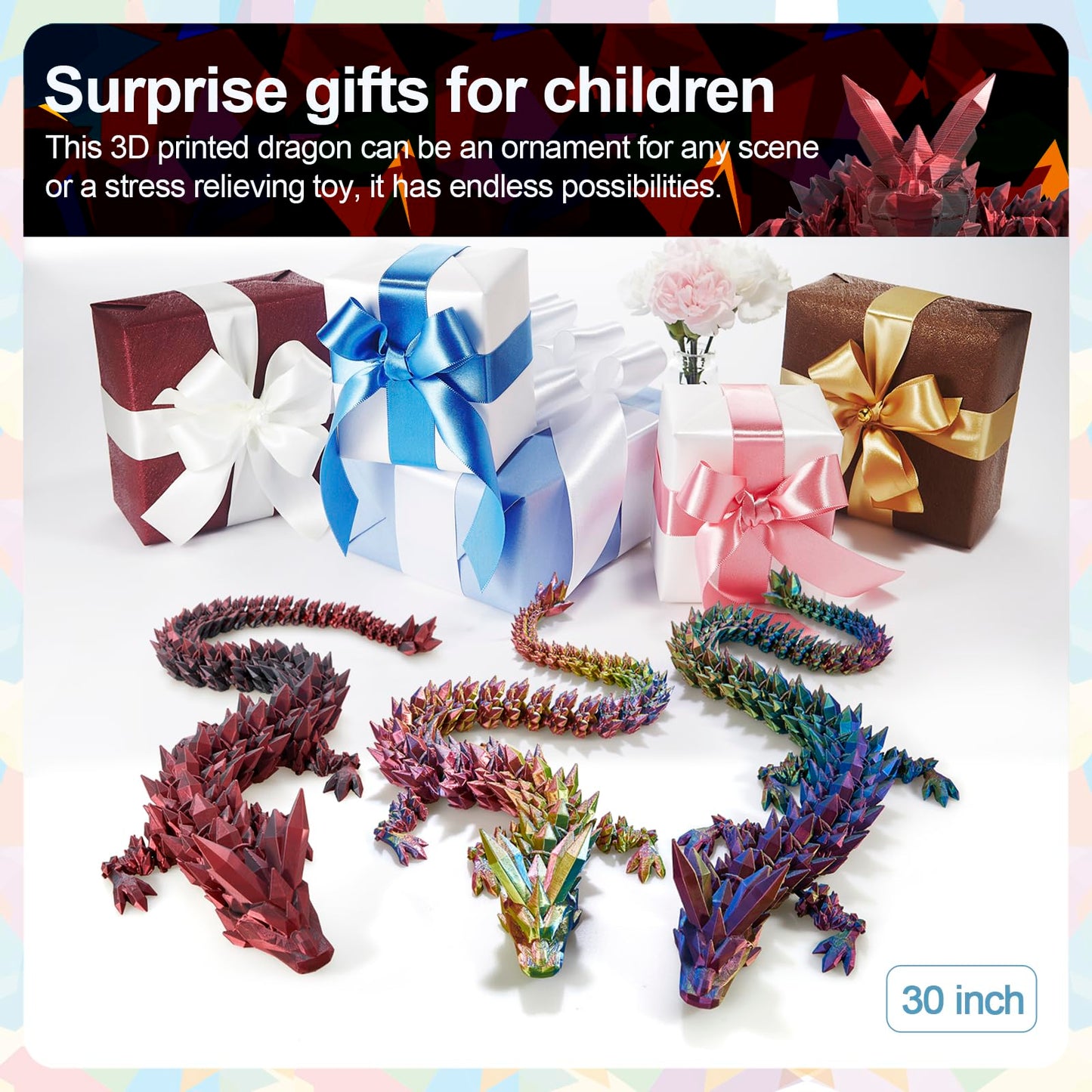 Rwsefk 30 In 3D Printed Dragon, 30Inch Dragon,3D Dragon Toy,Large Dragon Present,Ariculated Crystal Dragon(Red Black