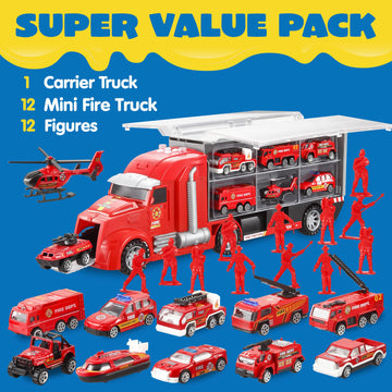 JOYIN 25 in 1 Fire Truck Toy Set with Sounds & Lights, Mini Fire Engine Vehicles in Carrier Truck, Perfect Birthday Gift for Boys 3+