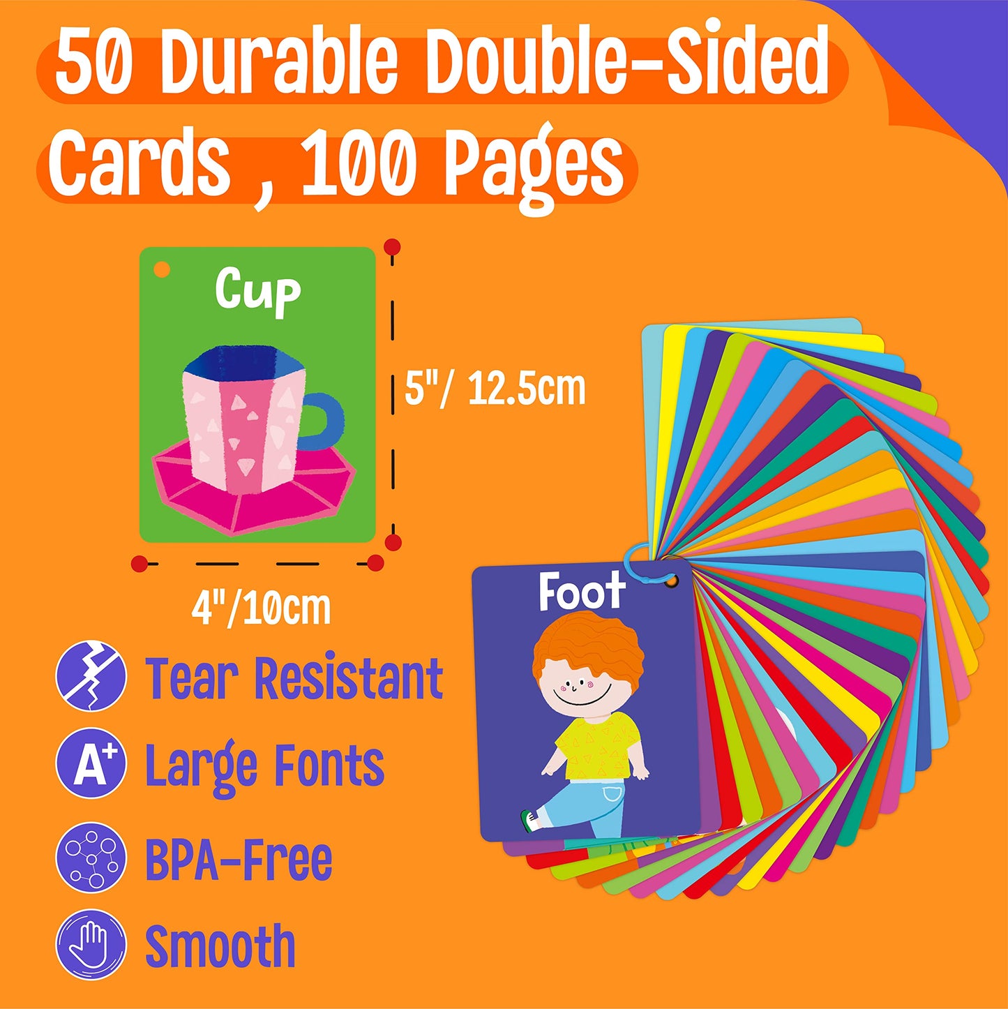 50 Pcs Kid First Cognitive Flashcards,Double Sided Printed 7 In 1 Colorful Cards Alphabet,Numbers, Foods,Animals,Shapes,Colors With 3 Reclosable Rings,Learning Tool For Pre-K Kindergarten Toddlers