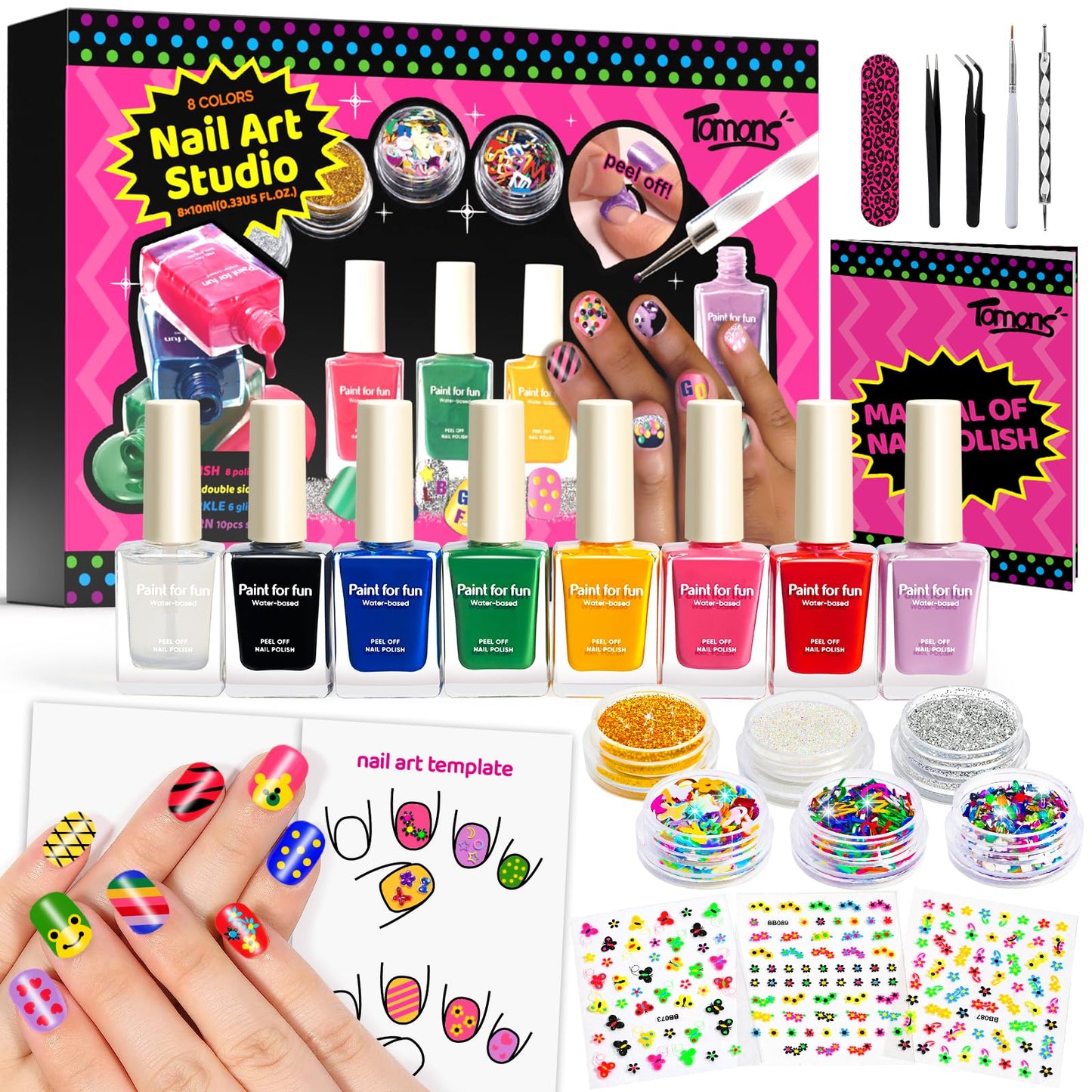 Tomons Nail Polish Set Non Toxic Kids Nail Polish Kit for Kids Ages 7-12, Birthday Gifts for 6 7 8 9 10 11 12 Year Girl, Glitter