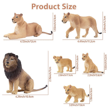 Toymany 6Pcs Realistic Lion Figurines With Lion Cubs, 2-5'' Jungle Animals Figures Family Set Includes Baby Lions, Educational T