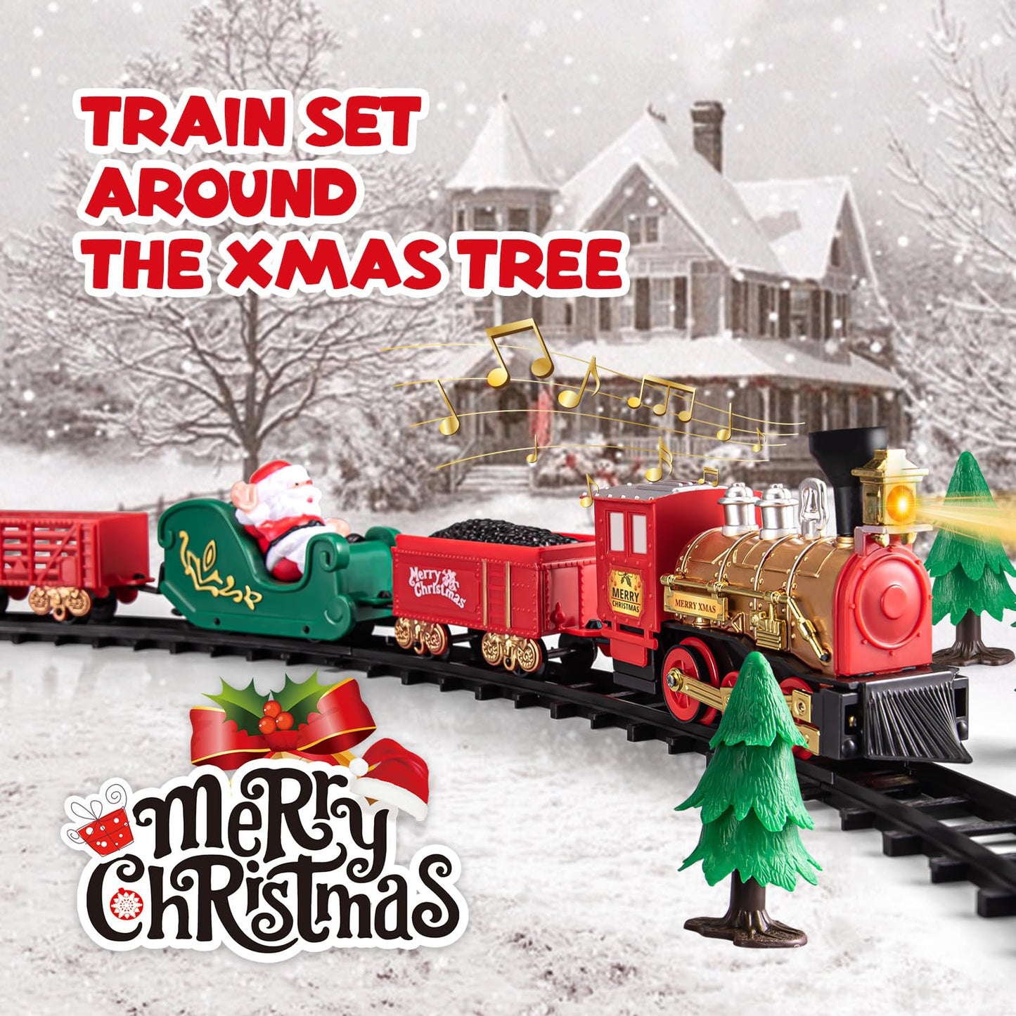 Train Toy For Toddler, Train Set Around For Christmas Tree, Electric Locomotive With Light & Sound, Tracks, Carriages, Ideal For Holiday Decoration, Gift For Boys Girls 3 Years Old & Up Kids Children