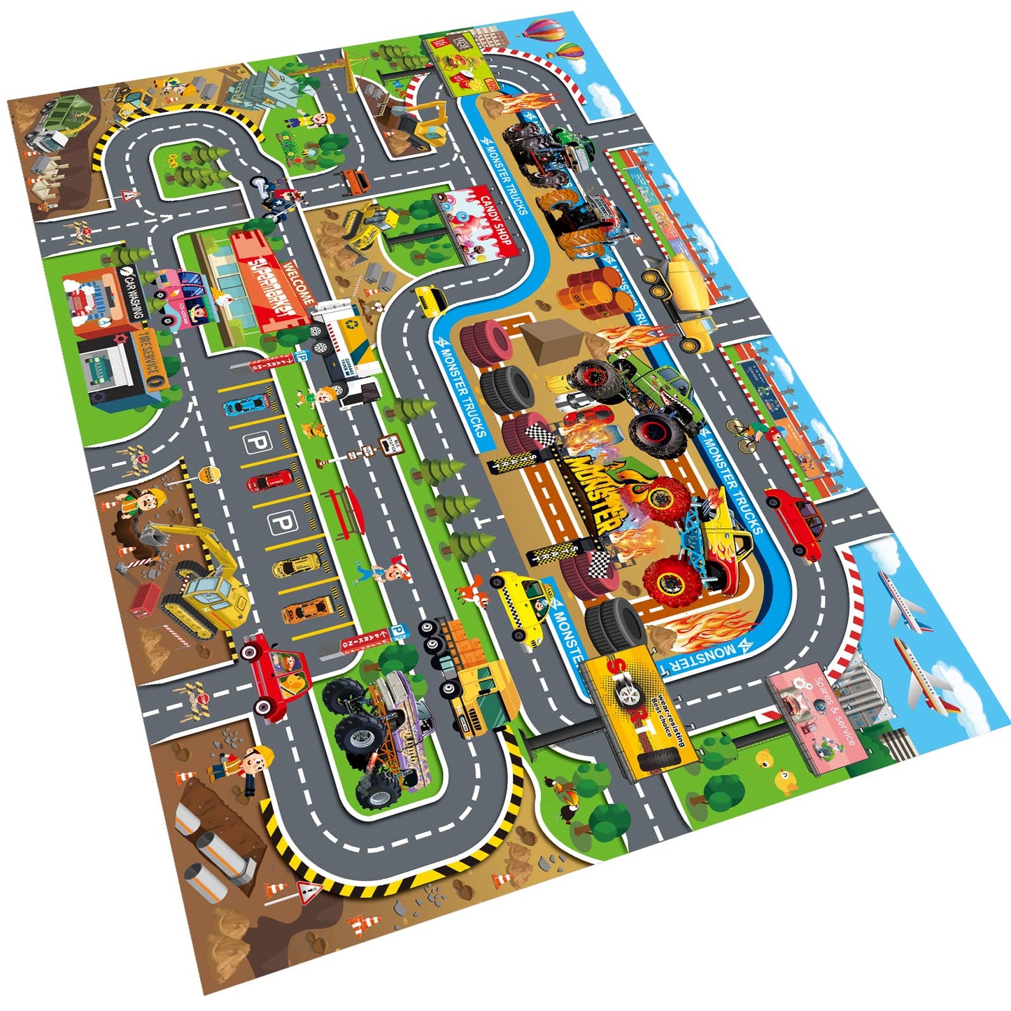 Oriate Kids Toy Dream Mat Monster Truck Activity Playmat, Multi Color Parent-Child Interaction Game Rug, Ideal Children'S Educational Floor Mats For Monster Cars Construction Truck Toys 552-M