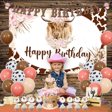 JOYMEMO Boho Highland Cow Birthday Decorations, Pink Beige Latex Balloons & Backdrop, Floral Farm Theme Party Supplies
