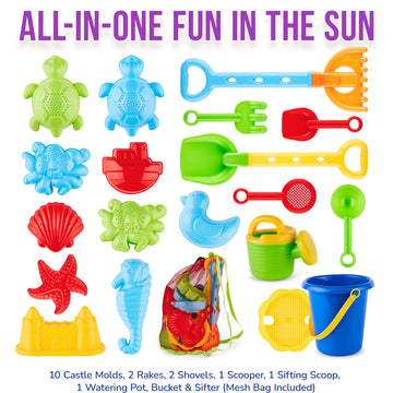 Click N' Play Beach Toys for Kids 3-10 - 18pc Sand Toys Including Sand Buckets for Kids with Sifter, Watering Can, Rake, 4 Hand