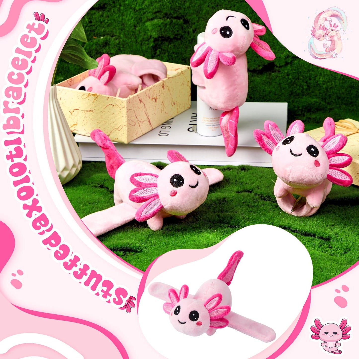 Deekin 4 Pcs 9 Inch Stuffed Axolotl Slap Bracelets Plush Axolotl Slap Band Cute Snap Bracelet Jungle Themed Axolotl Huggers For