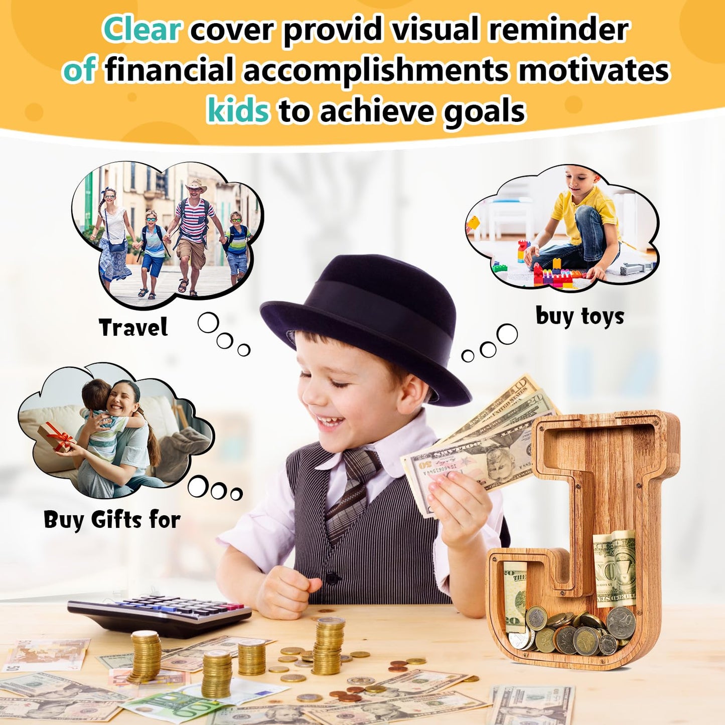 SummiDate Wooden Letter Piggy Bank| Piggy Bank for Boys Girls Toddler| Alphabet J Money Bank| Coin Bank Birthday Gift for Kids|Birthday Easter Gifts for Kids (J)