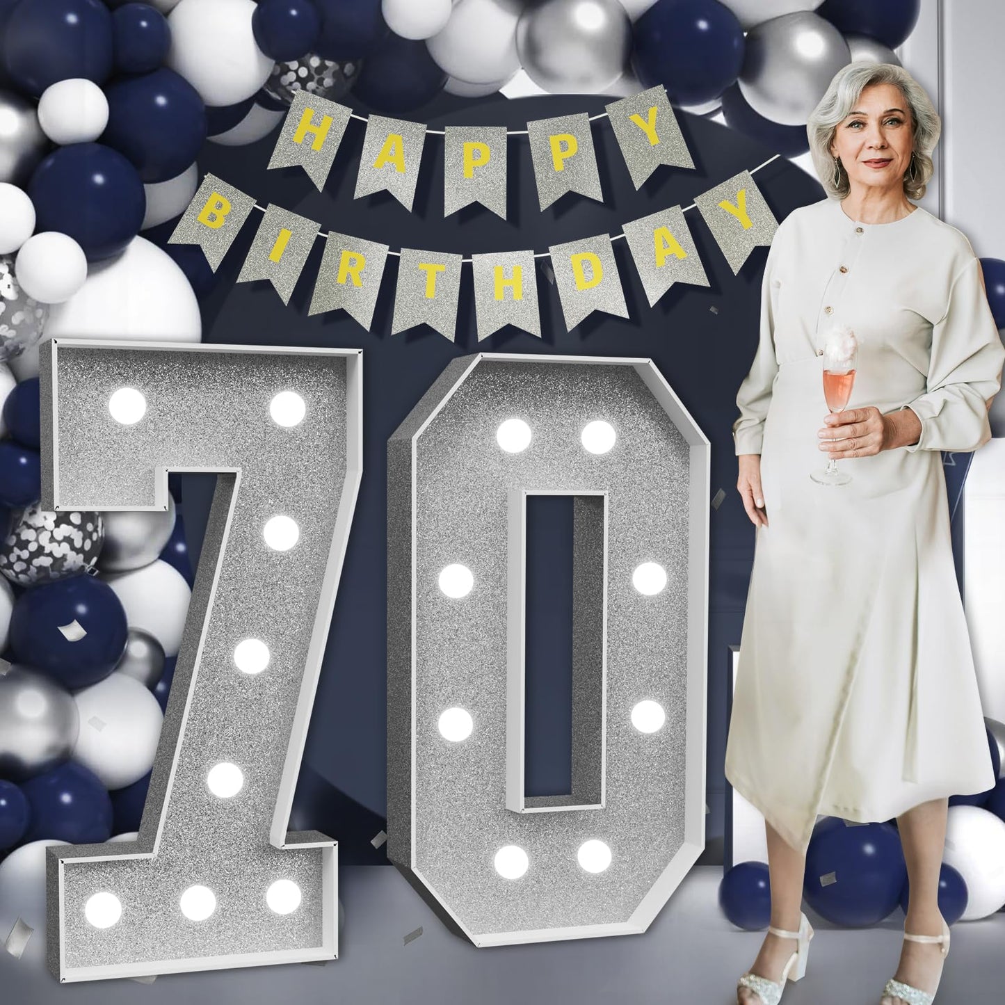 Imprsv Marquee Numbers Silver 70Th-Birthday Decorations: Large 3Ft Light Up Number Grey 70 Birthday Decoration For Women Men Ann