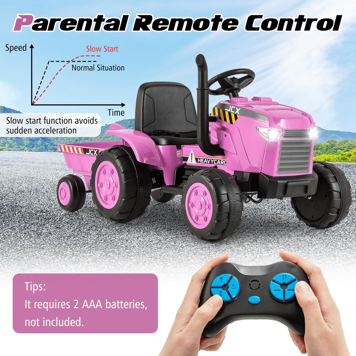 Honey Joy Kids Ride On Tractor, 12V Battery Powered Electric Tractors With Trailer, Led Lights, Music, 3-Gear-Shift Ground Loade