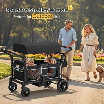 TOLEAD Wagon Stroller for 4 Kids Foldable 4 Seats Outdoor Stroller Wagon with Canopy Adjustable Handlebars 5-Point Safety Harness Detachable Tray Portable Bag Black