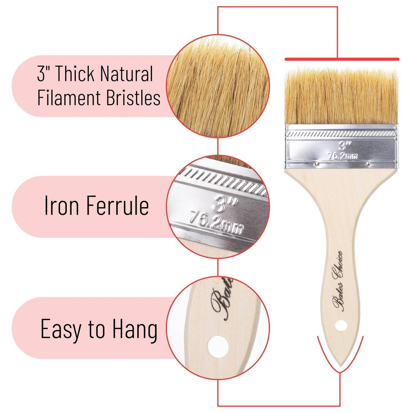 Bates- Chip Paint Brushes for Painting, 3 Inch, 96 Pack, Wood Handle, Natural Bristle Paint Brush