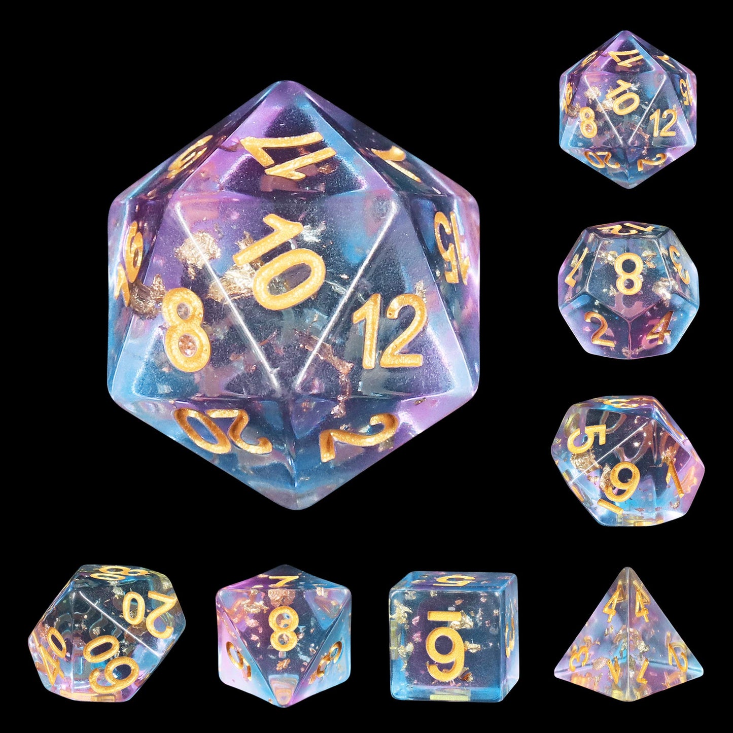 Resin DND Dice Set,Pink Cyan Flower Transparent D&D Dice Filled with Glass Bead Flake Polyhedral Dice for Dungeons and Dragons D