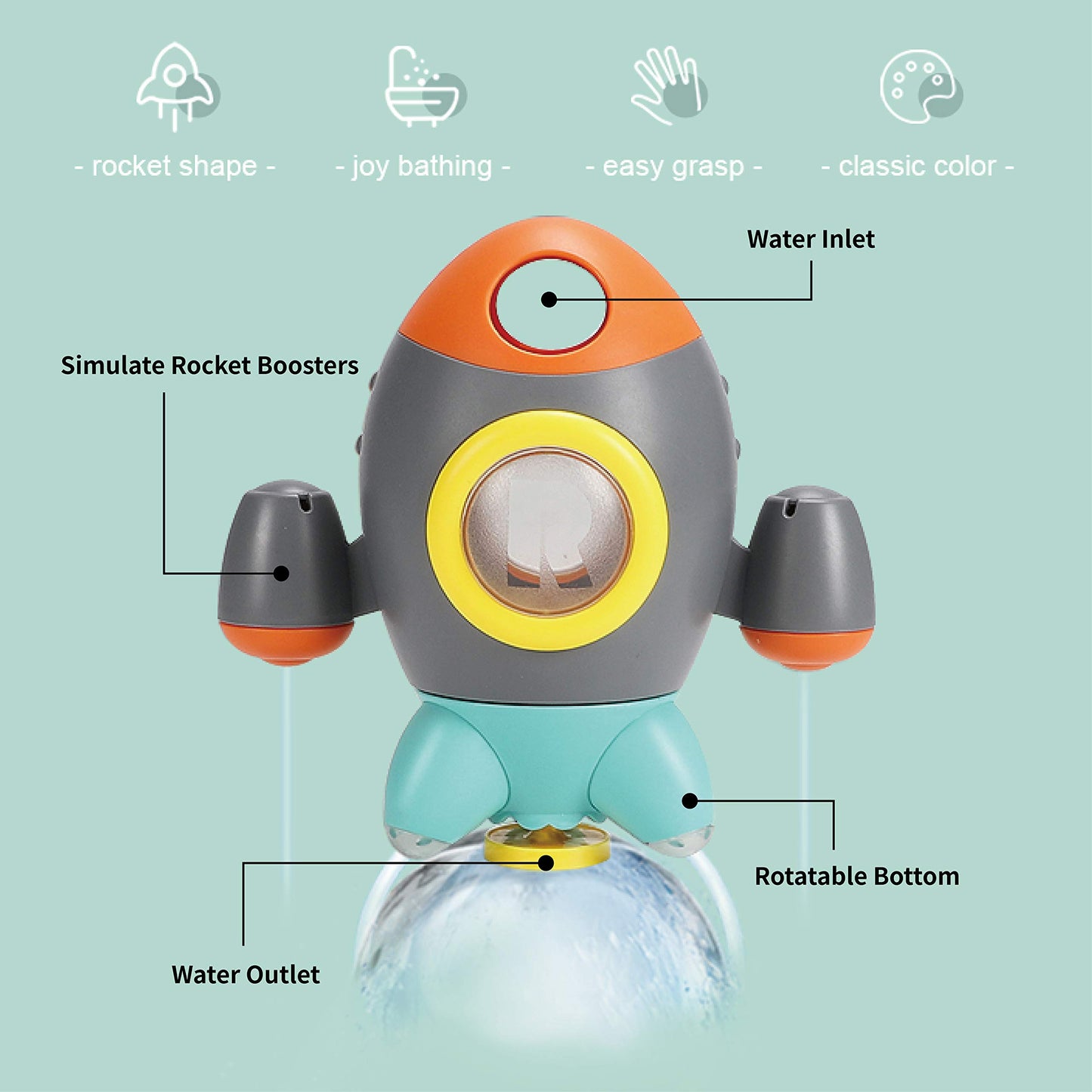 Elovien Baby Bath Toys, Space Rocket Shape Bathtub Toys For Toddlers, Spray Water Toys W/ Rotating Fountain, Bathroom Shower Toys For Infants Aged 18 Months 2 3 4 5 Years Old Kids Girls Boys