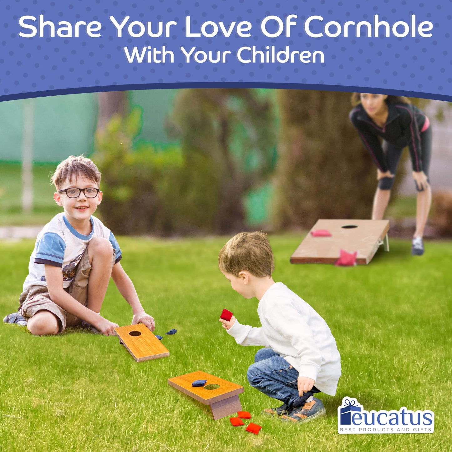EUCATUS MINI Kids Portable Tabletop Cornhole Set – 2 Boards, 8 Bags, Red & Blue – Perfect for Slumber Parties & Birthdays