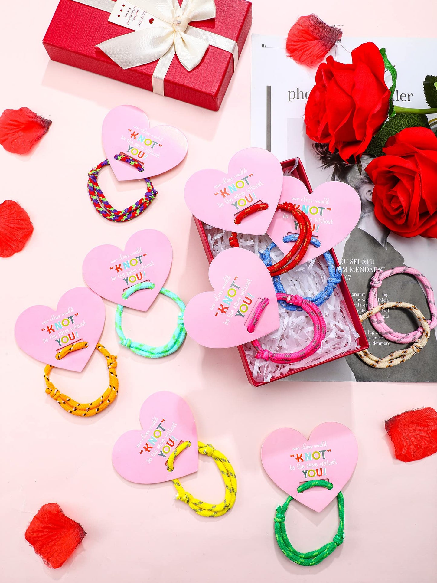 Junkin 60 Sets Valentine Knot Bracelets with Cards Our Class Will Knot Be the Same Without You Classroom Valentines Exchange Gif